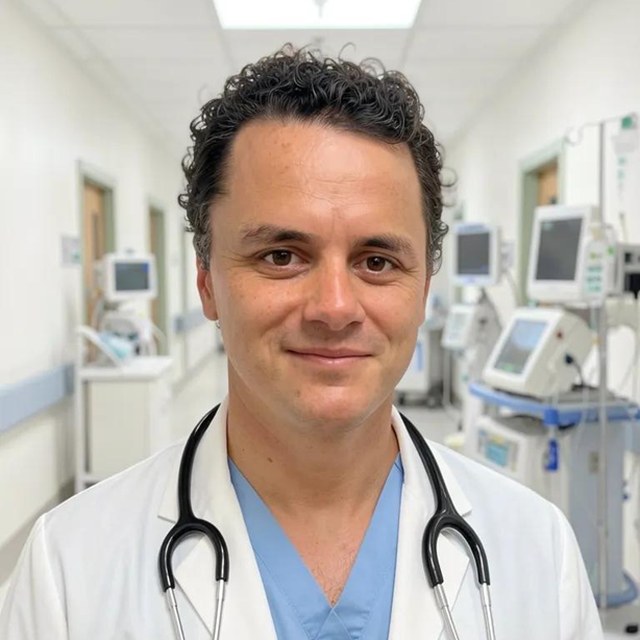 Dr. Rafael Brandalize Brotto, de jaleco, em corredor hospitalar